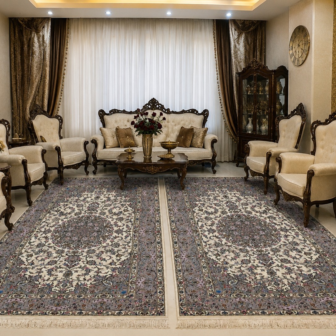 فرش دستباف 6 متری جفت بافت اردکان کرم 3 رنگ ابریشم