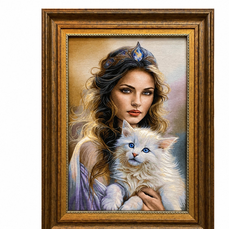 تابلوفرش دستبافت چهره بافت تبریز دختر و گربه ابریشم